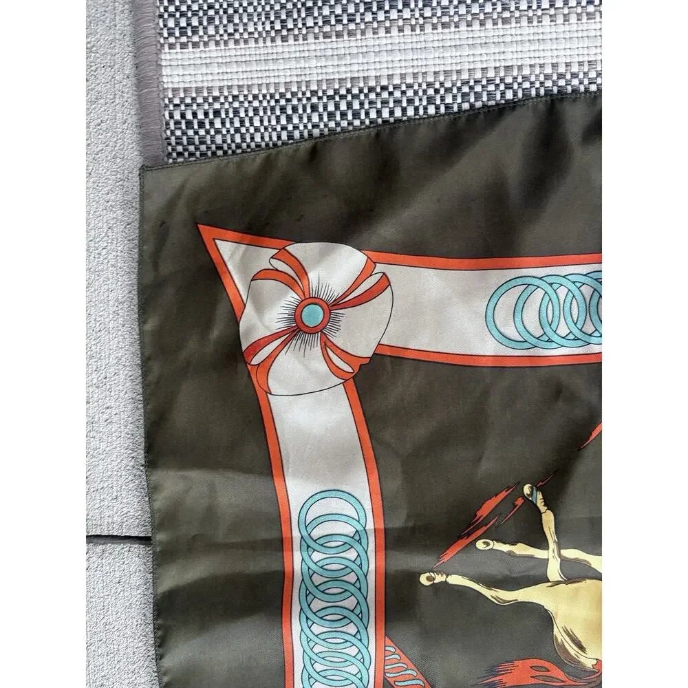 Vintage Equestrian Horse Rider Scarf Olive Green Satin Hermès Style 33” polo